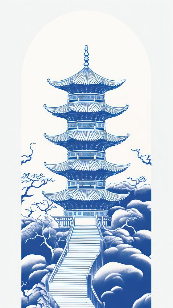 Chinese seamless element blue and white architecture building pagoda.