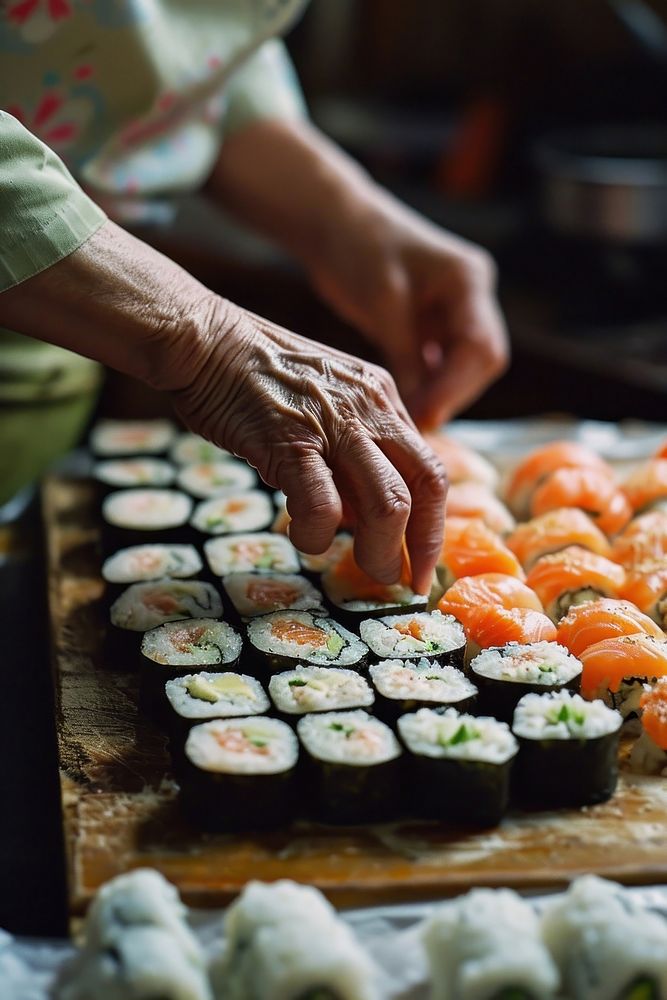 A woman making shushi sushi food meal.