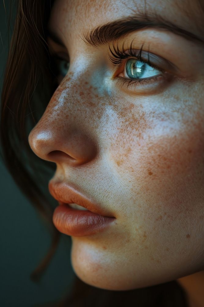 A facial face of woman freckle adult skin.