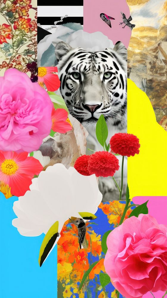 Flower paper collage theme in white art wildlife pattern.