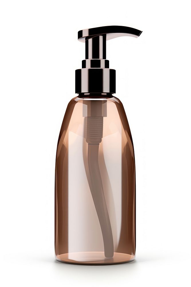 Shampoo bottle with pump in dark brown color cosmetics white background container.