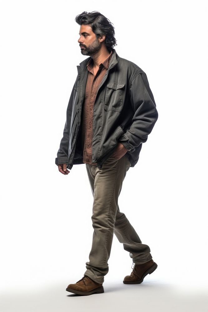 A man walking in studio overcoat footwear standing.