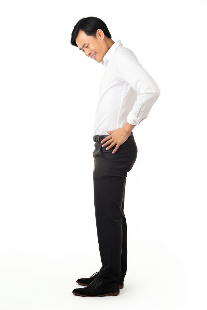 A east asian man has a lower backpain standing sleeve adult.