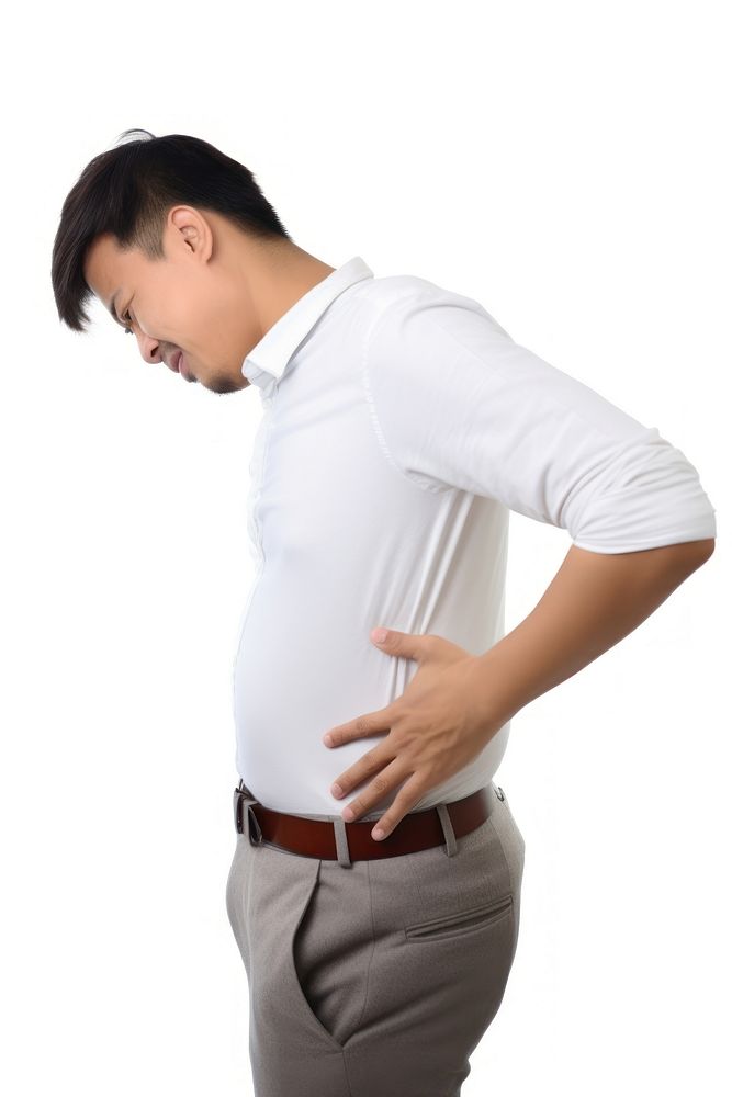 A east asian man has a lower backpain sleeve adult anticipation.
