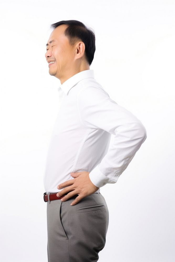 East asian man has a lower backpain sleeve shirt adult.
