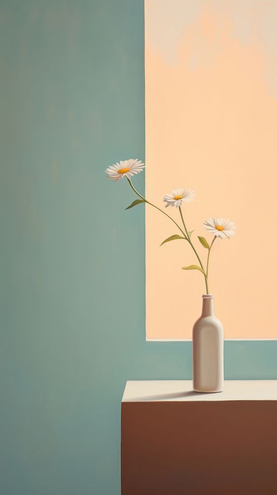 A little daisy plant on a window sill painting flower vase.