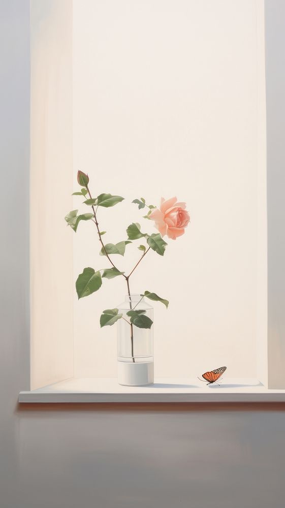 A little rose plant and butterfly on a window sill flower windowsill fragility.