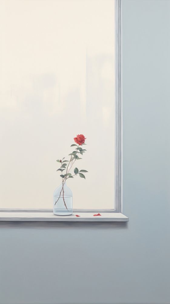 A little rose plant on a window sill windowsill flower architecture.
