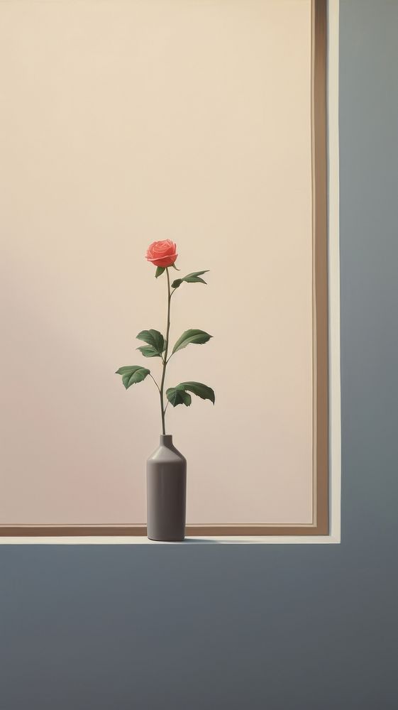 A little rose plant on a window sill windowsill flower vase.
