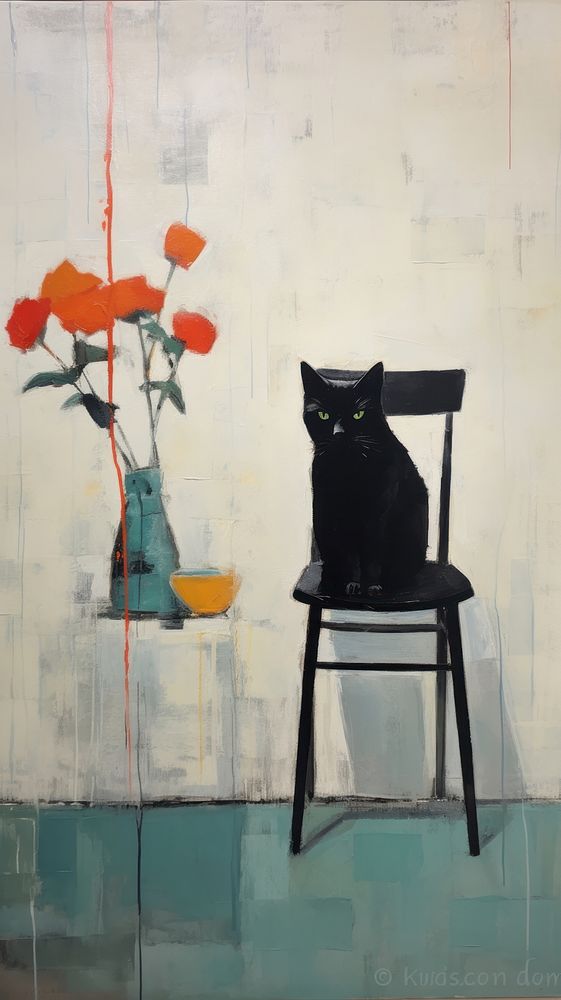 Black cat with flower in living room painting furniture mammal.