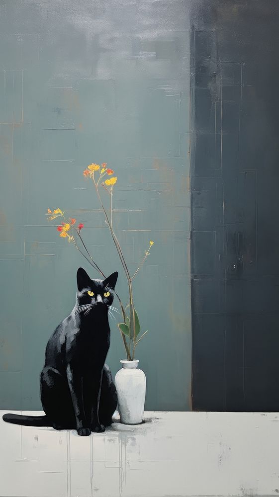 Black cat with flower in living room painting animal mammal.