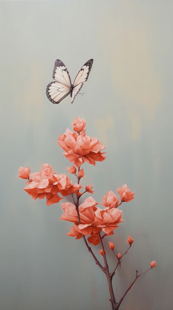 Minimal space flower and butterfly outdoors painting blossom.