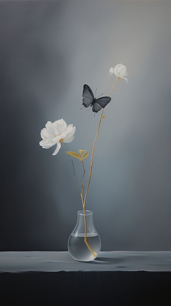 Minimal space flower and butterfly painting plant vase.