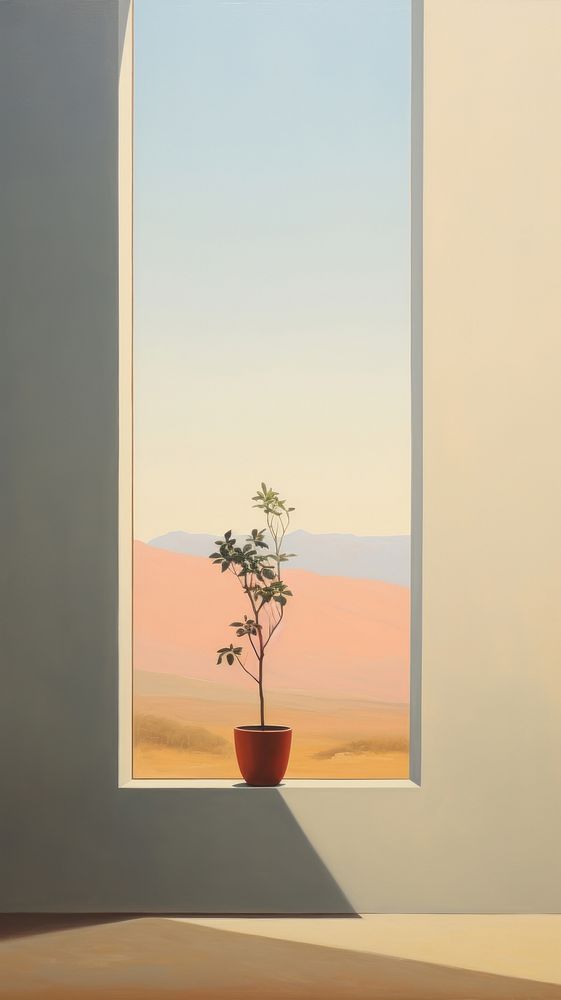 Potted leaf on the window with desert background painting windowsill plant.