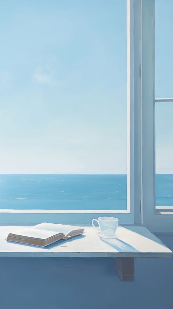 A book on the window sill with sea background architecture tranquility publication.