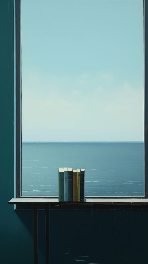 A book on the window sill with sea background horizon nature sky.