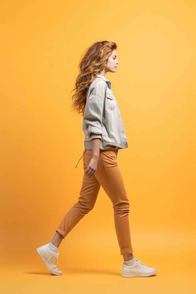 A teenager girl walking in studio footwear shoe hairstyle.