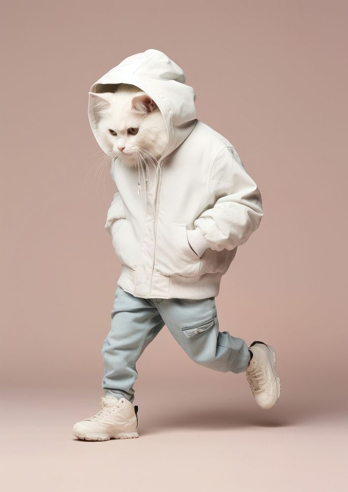 White cat sweatshirt footwear portrait. 