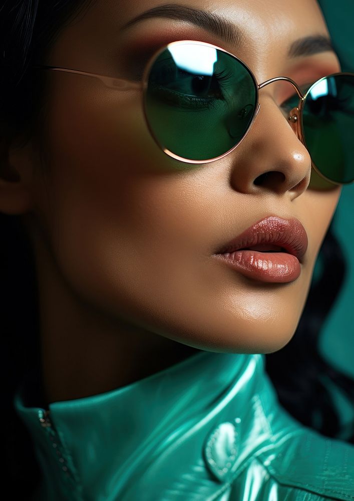 A Indonesian woman south east asian wear fashionable turquoise sunglasses eyebrow adult accessories.