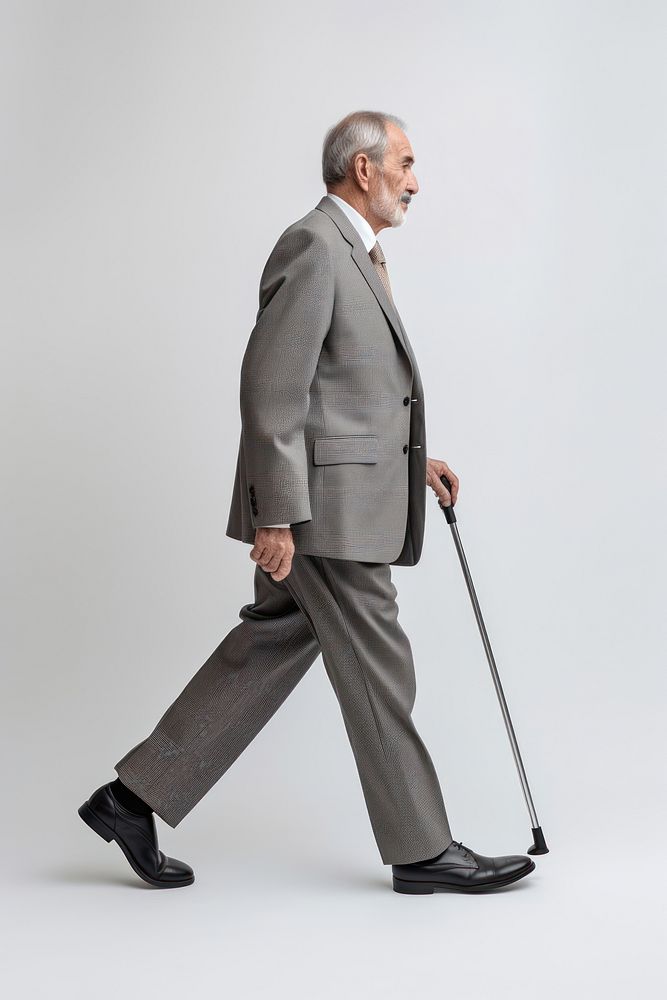 A senior man walking in studio wearing suit adult cleanliness side view.
