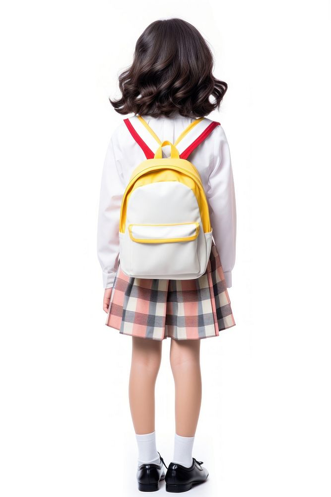Asian school girl backpack portrait skirt.