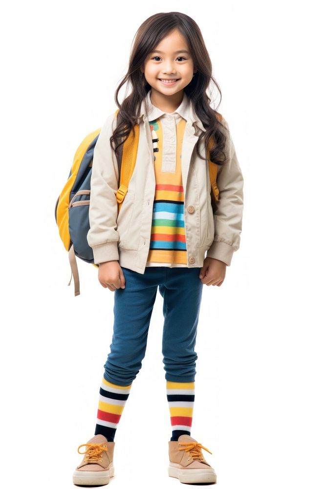 Primary school girl backpack standing portrait.