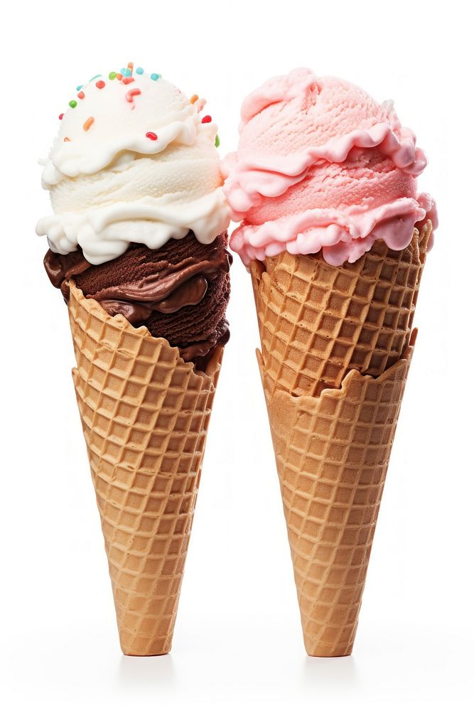 Soft serve ice cream cones dessert food white background.