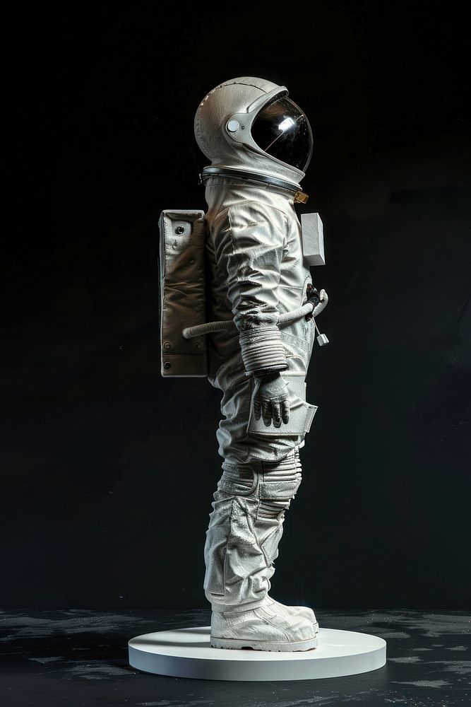 Female astronaut wearing spacesuit sculpture darkness standing.