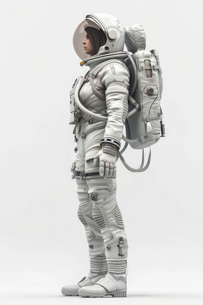 Female astronaut wearing spacesuit helmet protection adventure.