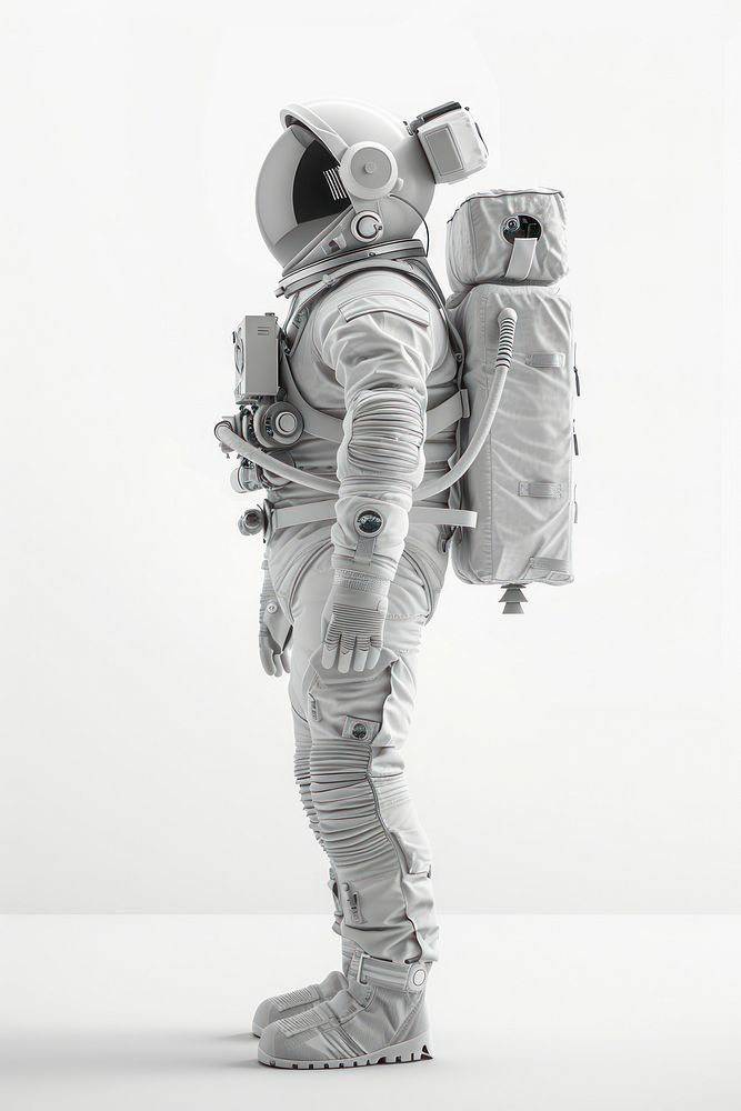 Female astronaut wearing spacesuit monochrome sculpture standing.