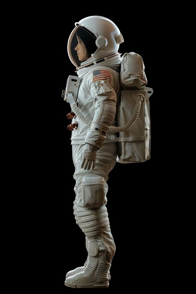 Female astronaut wearing spacesuit helmet exploration accessories.