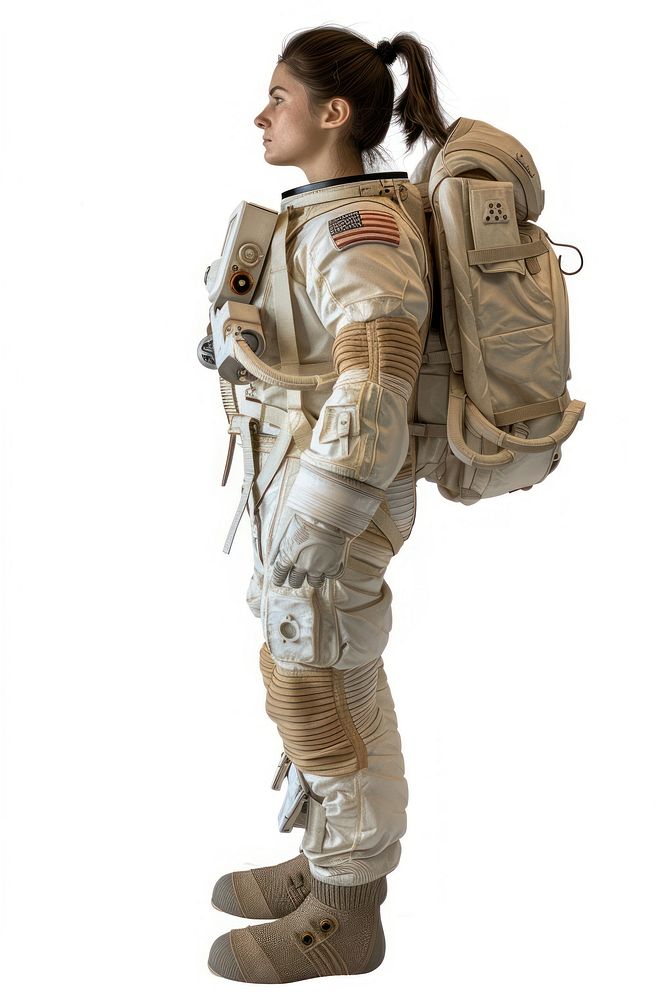 Female astronaut wearing spacesuit military backpack protection.