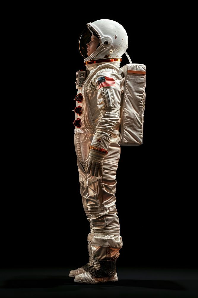 Female astronaut wearing spacesuit astronomy standing darkness.