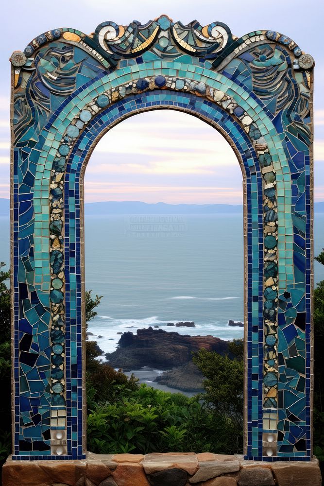 Ocean and mountain pattern mosaic arch art architecture.