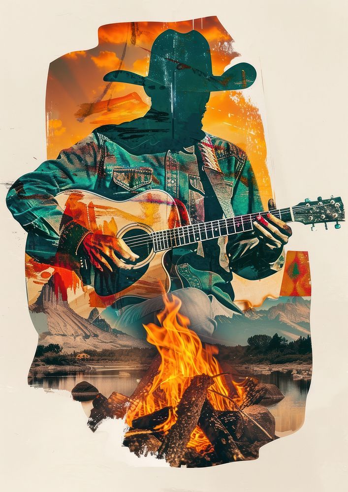 Cowboy guitar musician collage.