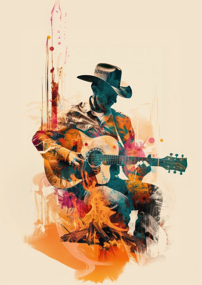 Cowboy guitar musician collage.