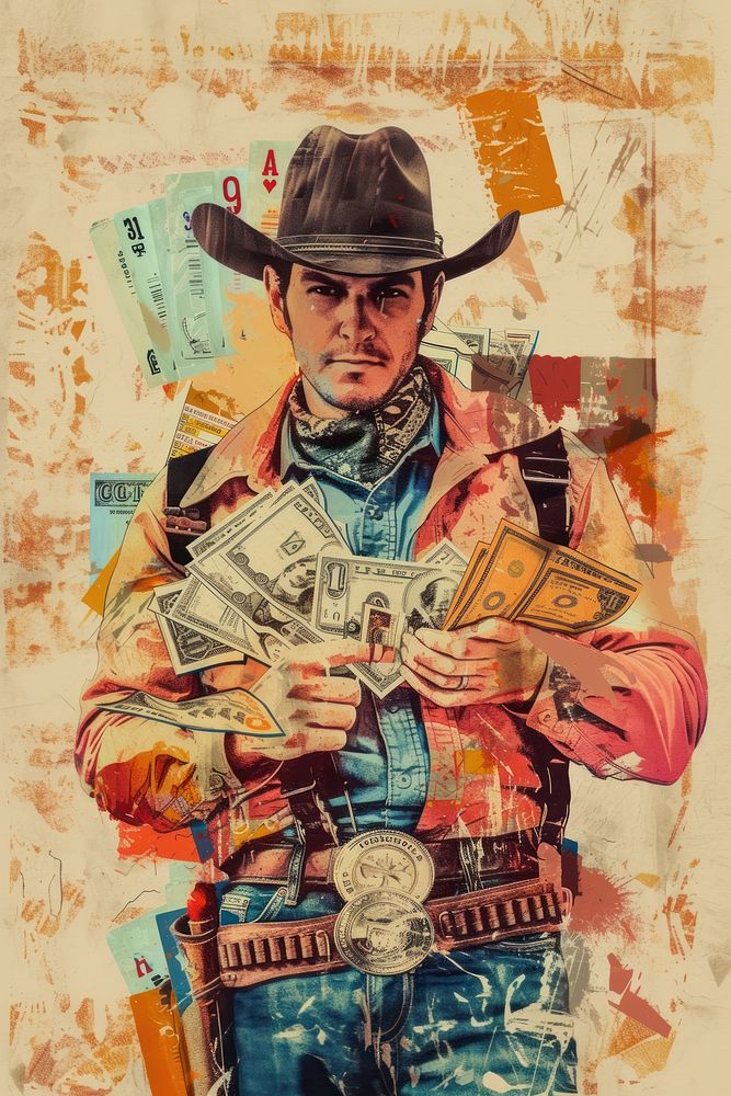 Cowboy with money and cards painting portrait collage.