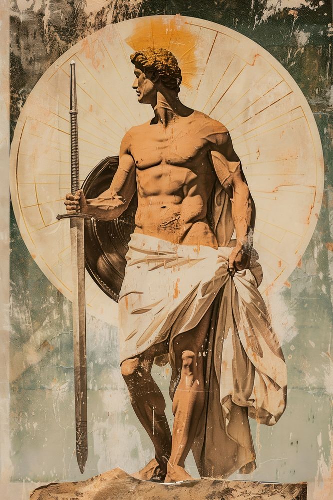 God with sword and shield painting art representation.