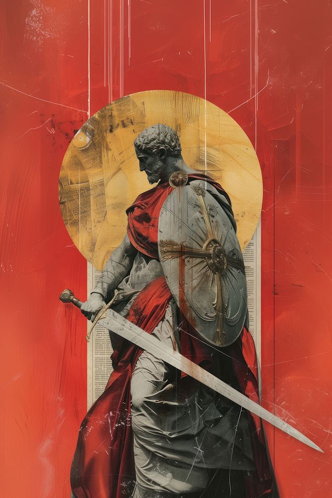 God with sword and shield adult red representation.