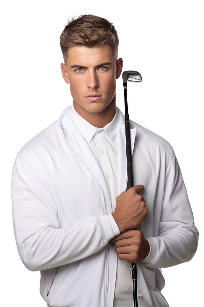 Male holding golf club portrait sports shirt.