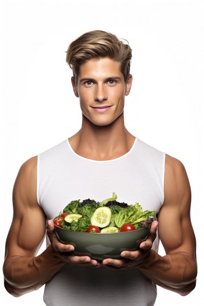 Male holding portrait bowl salad.