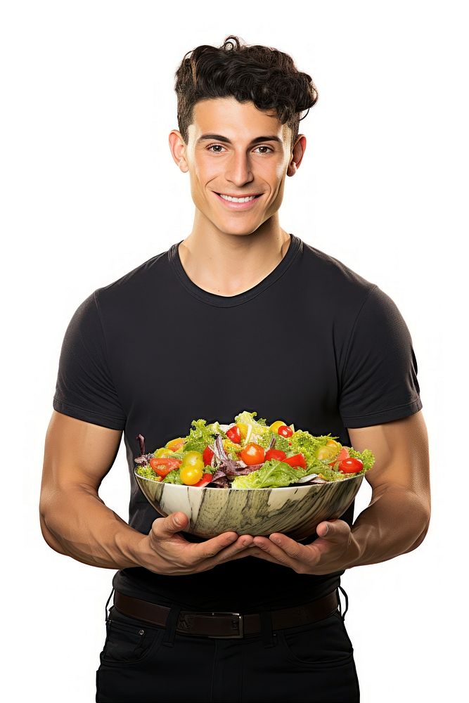 Male holding portrait t-shirt salad.