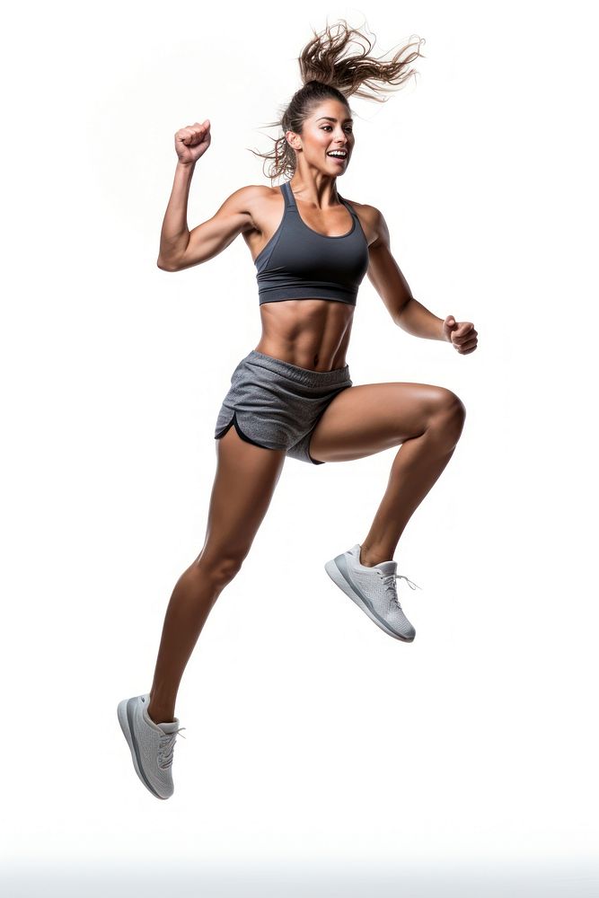 Female wearing sportwear portrait jumping dancing.
