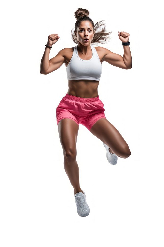 Female wearing sportwear portrait jumping dancing.