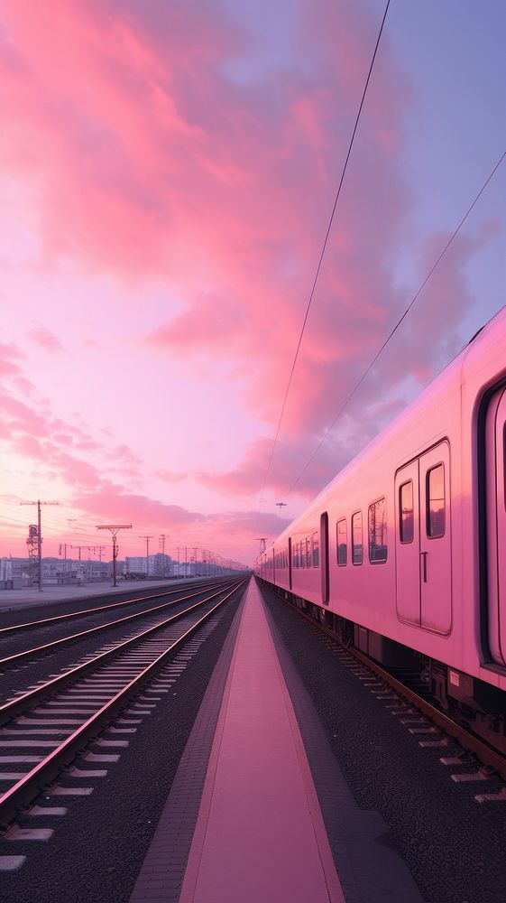 Pink aesthetic train wallpaper outdoors railway horizon.