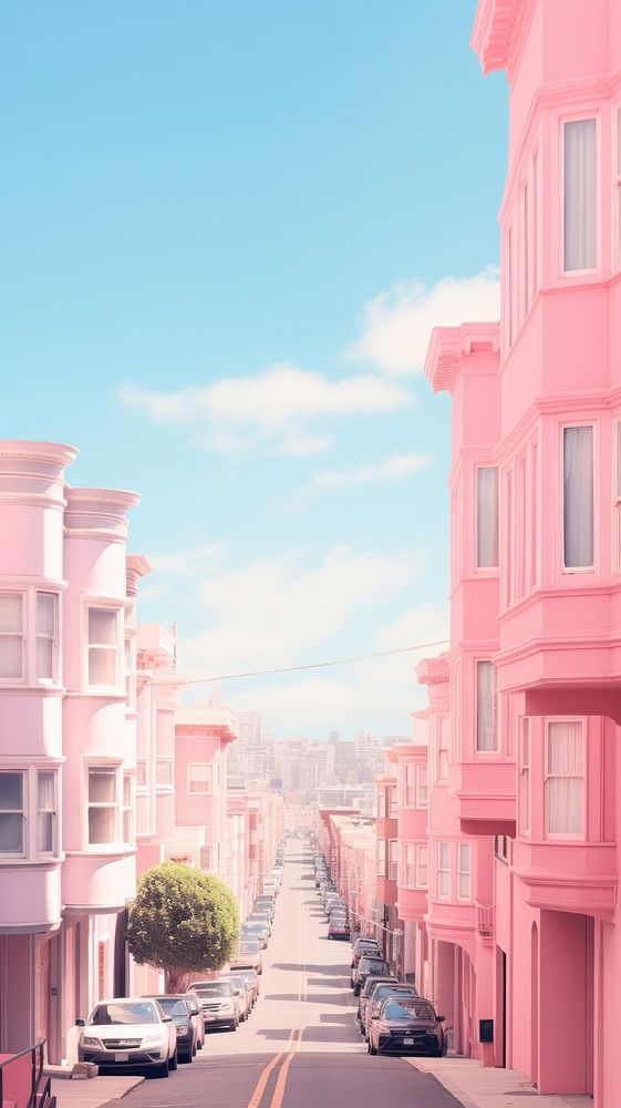 Pink aesthetic city wallpaper architecture cityscape building.