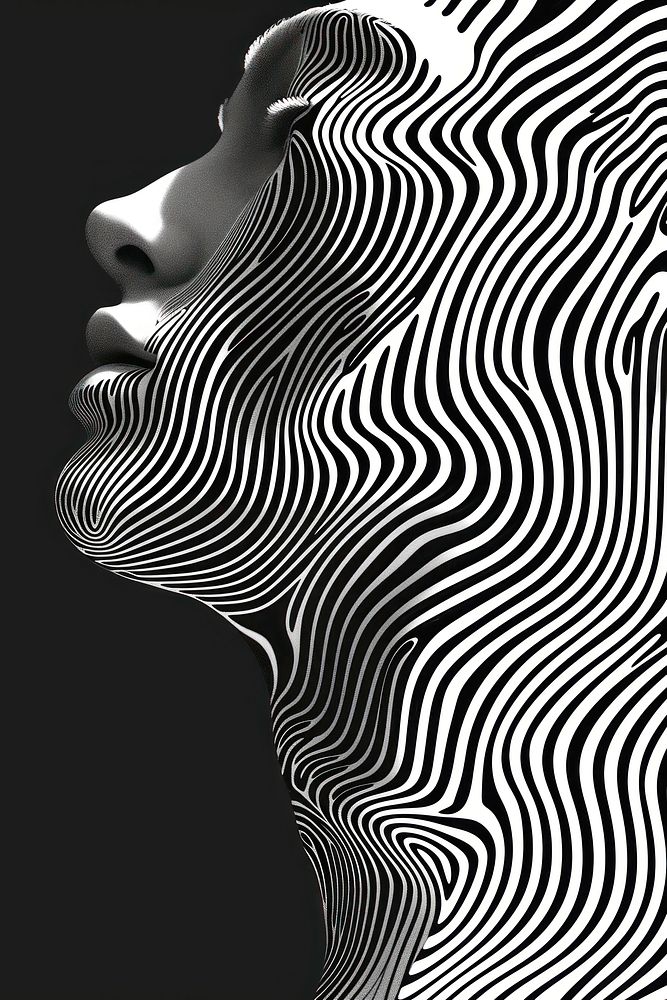 Mind bending flat line illusion illustration abstract portrait black.