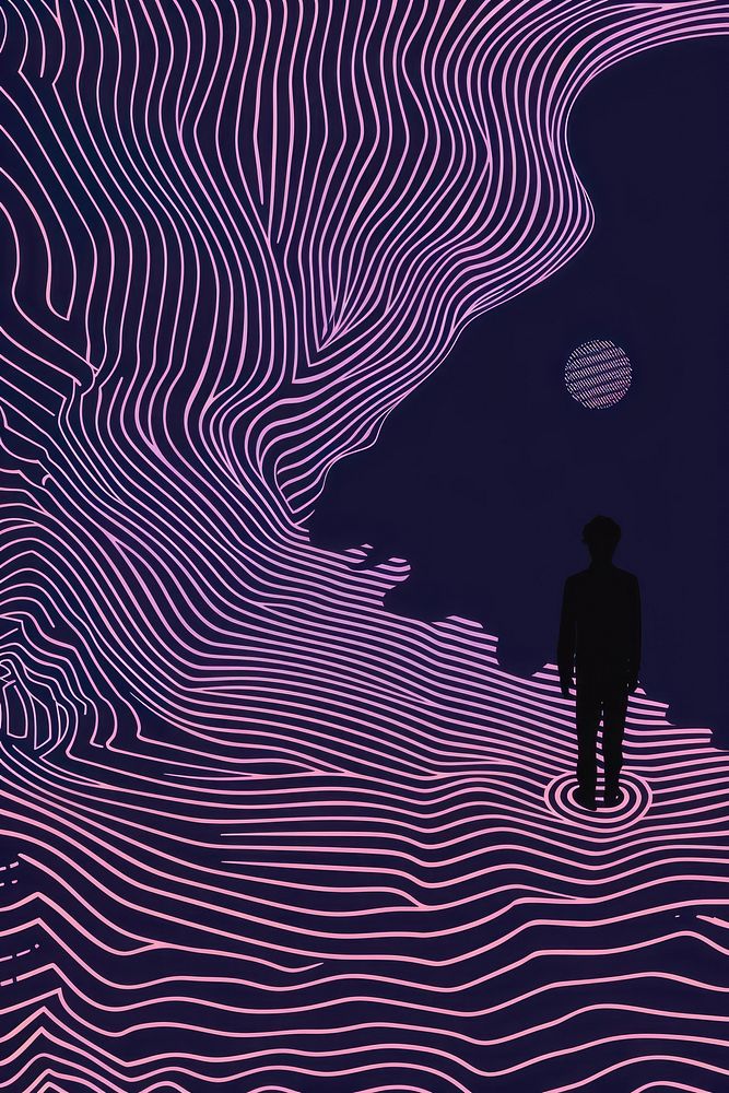 Mind bending flat line illusion illustration of midnight silhouette abstract pattern.