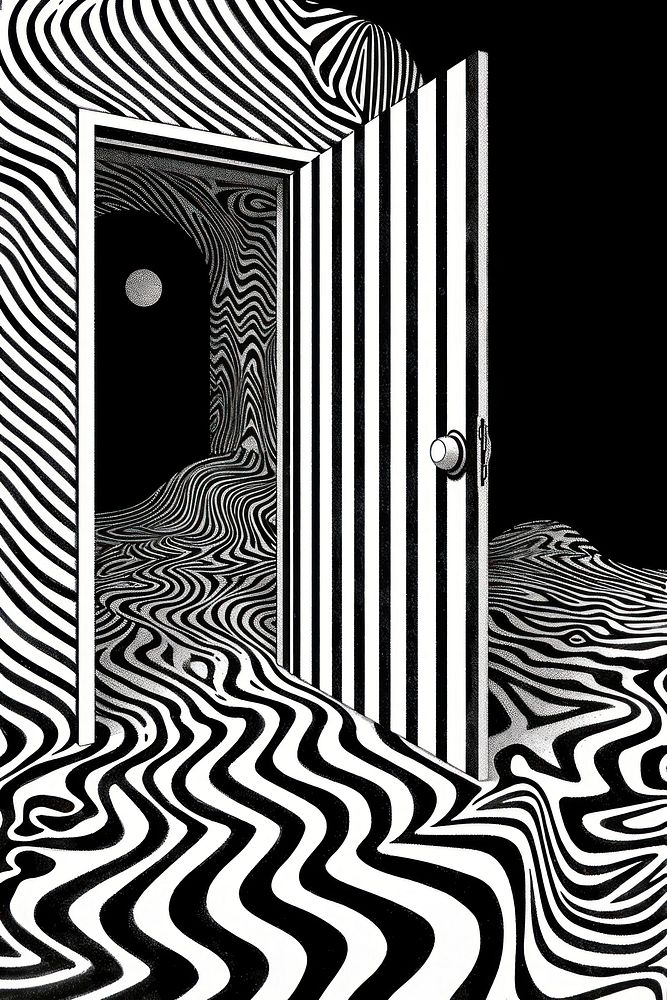 Mind bending flat line illusion poster of a door pattern black white.