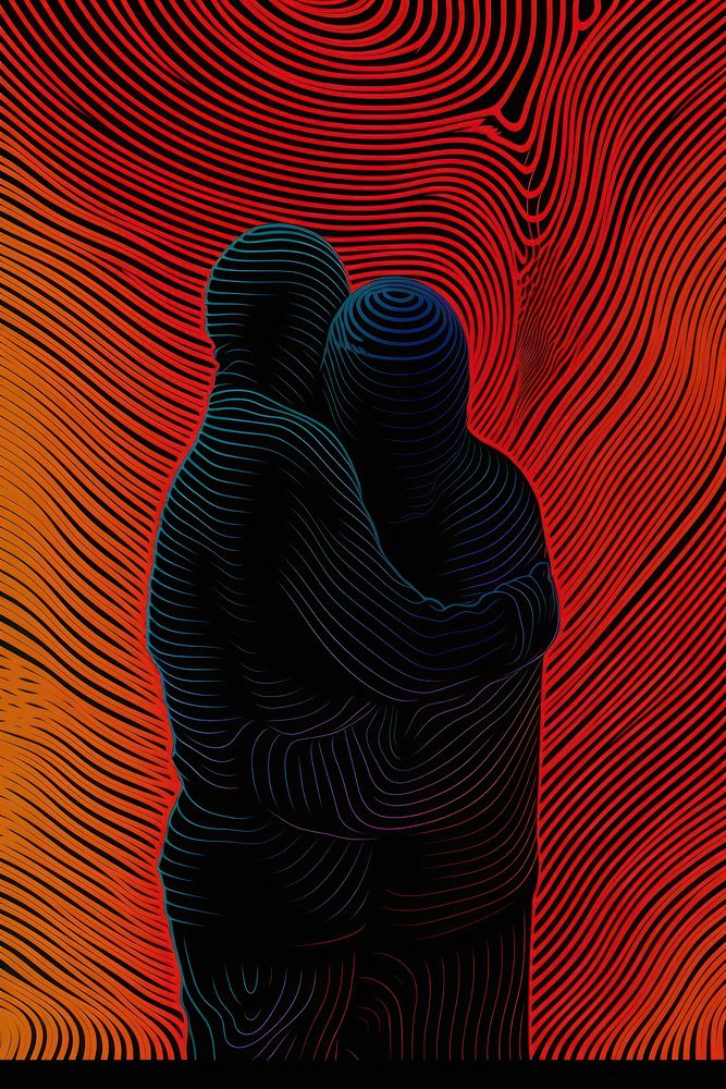 Mind bending flat line illusion poster of Hugging art abstract adult.